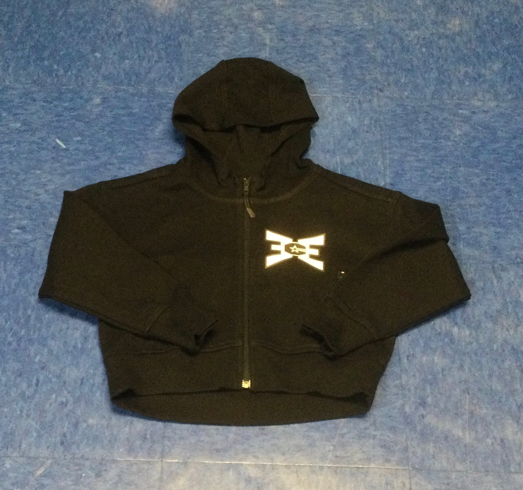 Youth Hooded Zip Up Black Crop with Black and White Logo