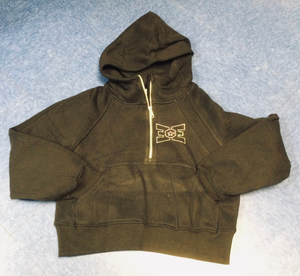 Hooded 1/4 Zip Crop Black with Bling Logo