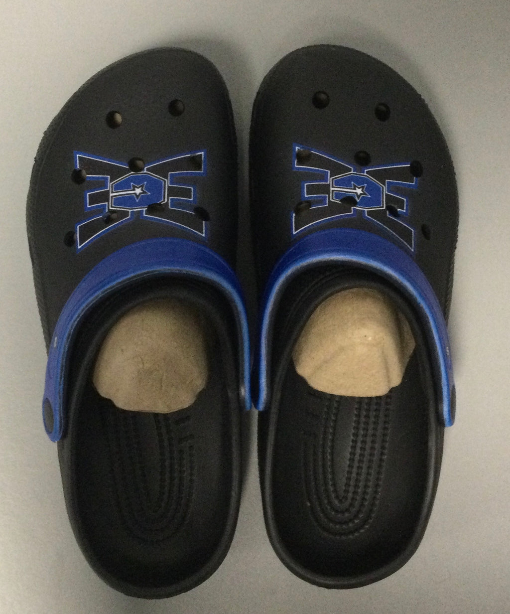 ECE Crocs Black with Blue Logo